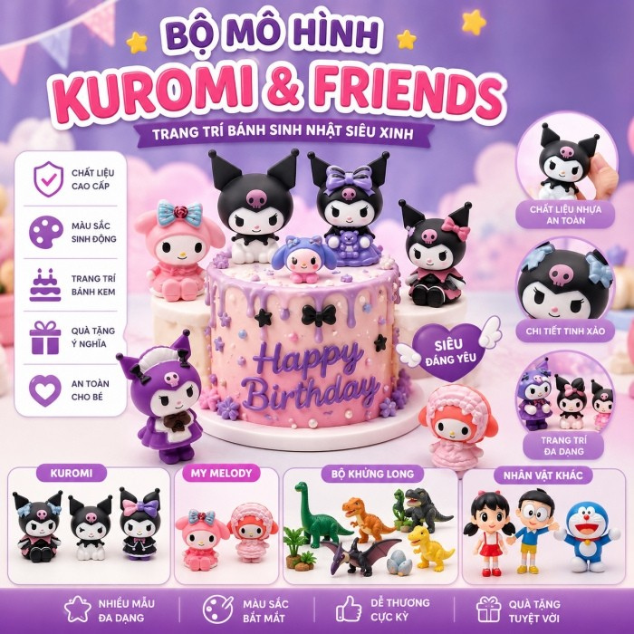 Bộ Mô Hình Kuromi Trang Trí Bánh Kem